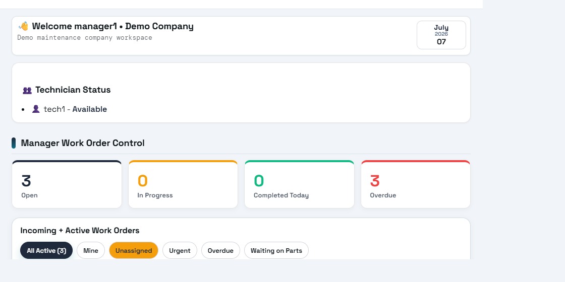 Operations Maintenance dashboard on desktop