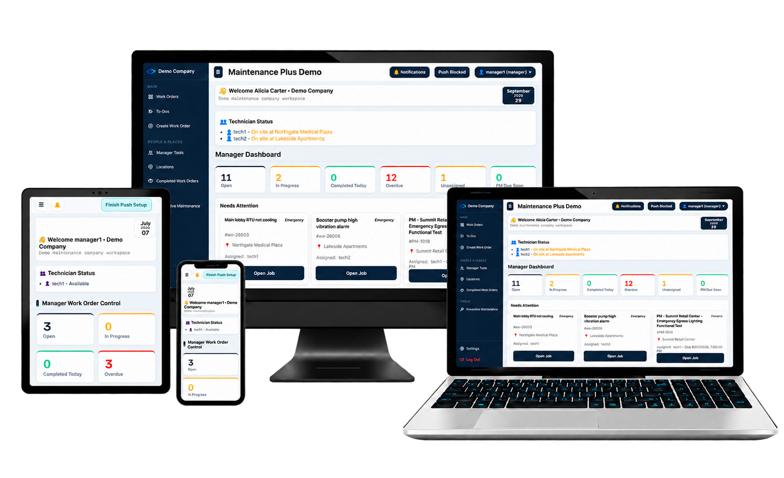 Operations Maintenance manager dashboard shown on desktop, laptop, tablet, and mobile devices